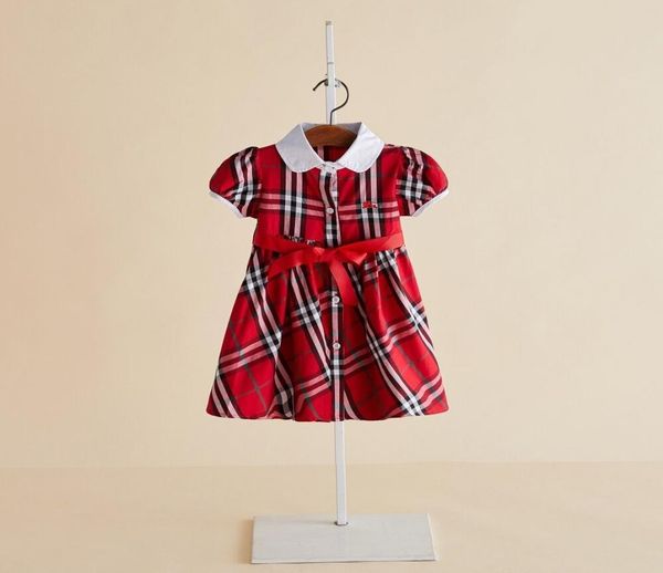 Sommer Neue Mädchen Plaid Kleid Adrette Kinder Revers Kurzarm Kleid Kinder Band Gürtel Baumwolle Gitter Falten Kleid A46924240580