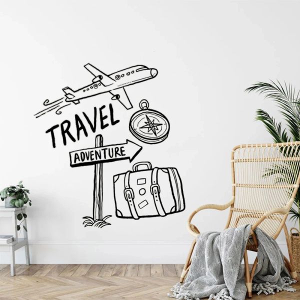 Aufkleber Reise Abenteuer Zitate Wandtattoos Flugzeug Kompass Reisetasche Aufkleber Vinyl Wandbilder für Kinder Jungen Schlafzimmer Dekor Poster HJ1250