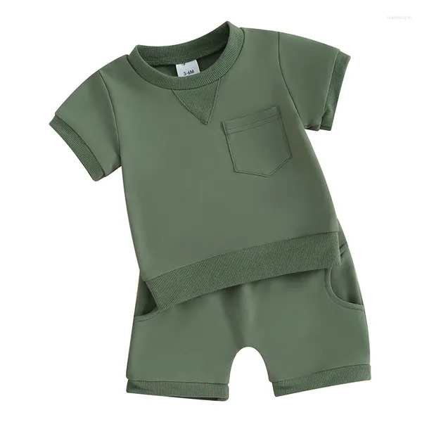Комплекты одежды для маленьких мальчиков, летний комплект одежды, однотонная футболка с короткими рукавами и круглым вырезом, топ и шорты, милая одежда для новорожденных