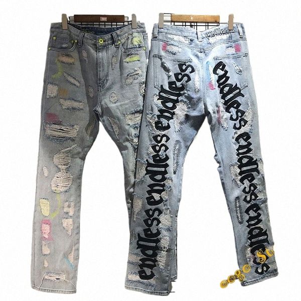 Schwarz Fluoreszierende Grüne Brief Stickerei Denim Hosen Männer Frauen Hip Hop Schaden Loch Distred Jeans Hohe Qualität Denim Jean h9Sj #