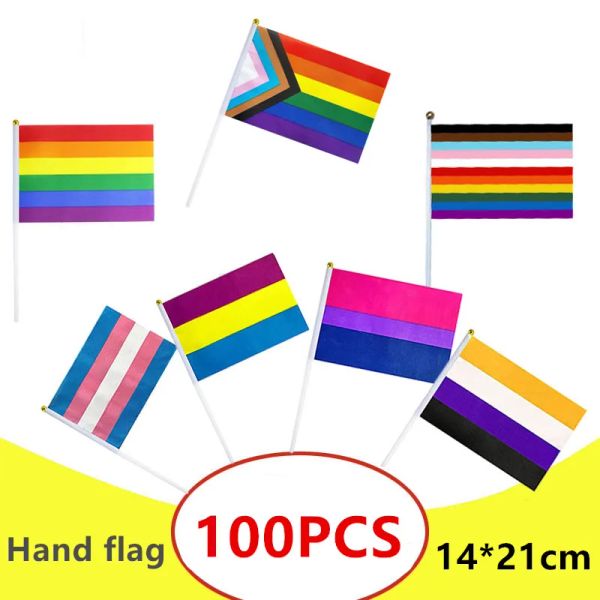 Zubehör 100 Stück Regenbogen-Handflagge Traum-SMP-Flagge Homosexuell Lesben Homosexuell Bisexuell LGBT Pride Handflagge Kunststoffstab