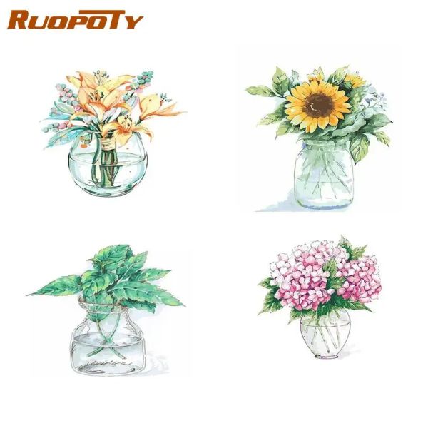 Número RUOPOTY DIY FOTOS POR NÚMERO FLOR DO VASE KITS Decoração de casa Pintura por números Branco Desenho em Tela Painted Art Gift