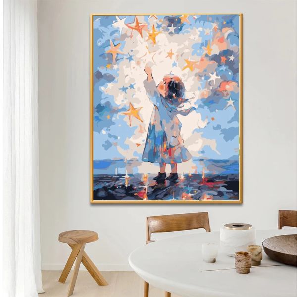 Pintura por números para adultos, céu estrelado azul e menina, pintura a óleo em tela por número, decoração de casa