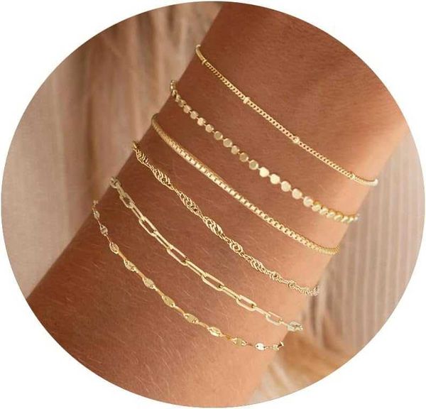 Золотые браслеты для женщин 14-каратное настоящее золото, наполненное стопкой браслетов, не тускнеет, модная скрепка для бумаг в елочку, браслеты Фигаро для женщин и девочек, изысканный водонепроницаемый штабелируемый