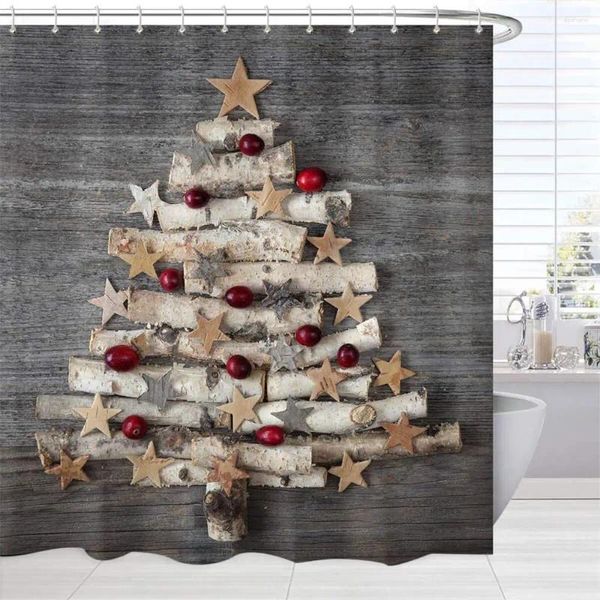 Chuveiro cortinas moda cortina única árvore de natal país padrão de madeira com gancho tecido impermeável decoração do banheiro