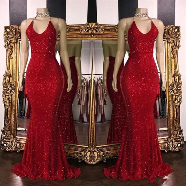 Sexy vermelho lantejoulas sereia longo vestidos de baile halter frisado sem costas trem varredura formal festa vestidos de noite bc1085