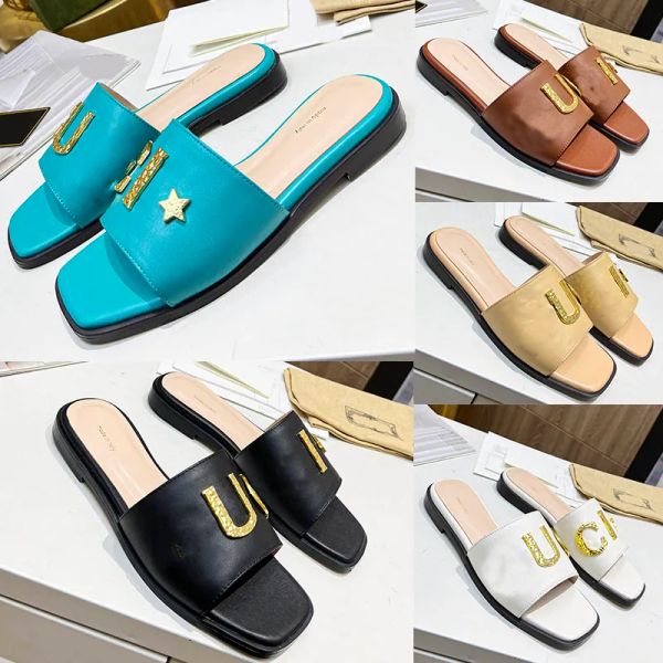 Flache Hausschuhe, Sandalen, lässige Schrammen, Sommer-Slipper, Pantoletten, Designer-Damenschuhe, Sandale, Strand-Komfort-Slipper, goldene Hardware, Peep-Toe