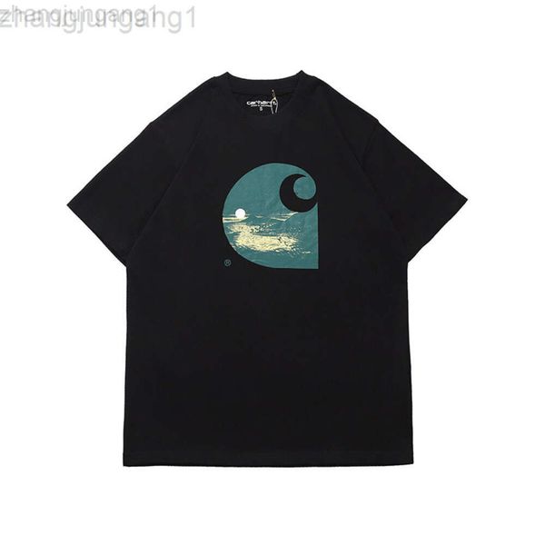 Tasarımcı Carharttt T Shirt Carhart Gece Ay Tropik Ada Desen Baskılı Çift Gevşek Yuvarlak Boyun Kısa Kollu Tişört Trendi