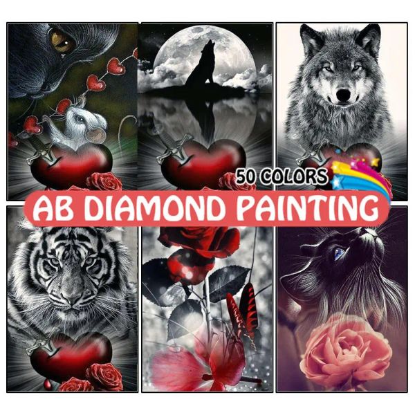 Stichdiamantmalerei Tiere Blume 5d DIY Grau und Weißer Tiger Wolf AB Bohrer Stickerei Kreuz handgefertigt Kunst Wohnkultur Geschenk