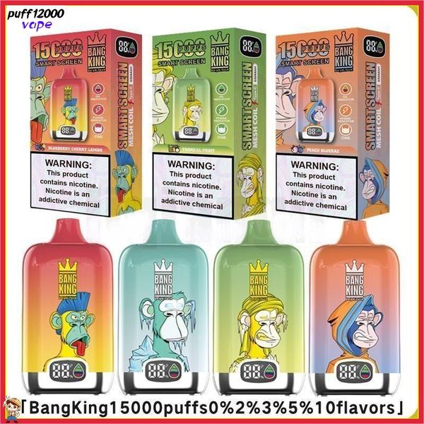 Bang King 15000puff Einweg Vape Authentic Vapers Maschenspulenaufladbar elektronische Zigaretten 10 Aromen Smart Screen Oil/Power Indicator 0%2%3%5%15k Puff