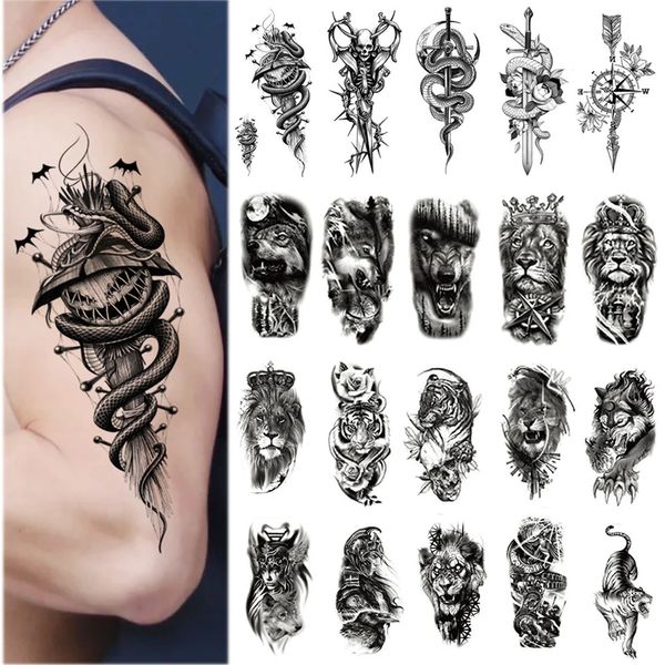 150 pezzi all'ingrosso impermeabile adesivo tatuaggio temporaneo uomo serpente lupo tigre teschio fiore mezzo braccio donne henné manica finta 240311