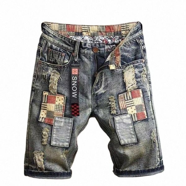 Pantaloncini di jeans strappati stile retrò da uomo di marca 2024 Estate New Fi Casual Hole Patch Jean Shorts Abbigliamento di marca maschile 13tT #