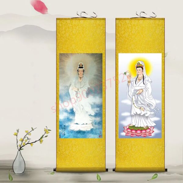 Miniaturas (personalizadas) retratos de Bodhisattva Guanyin, adoração de templos, filho enviando pintura de rolagem de decoração de seda Guanyin