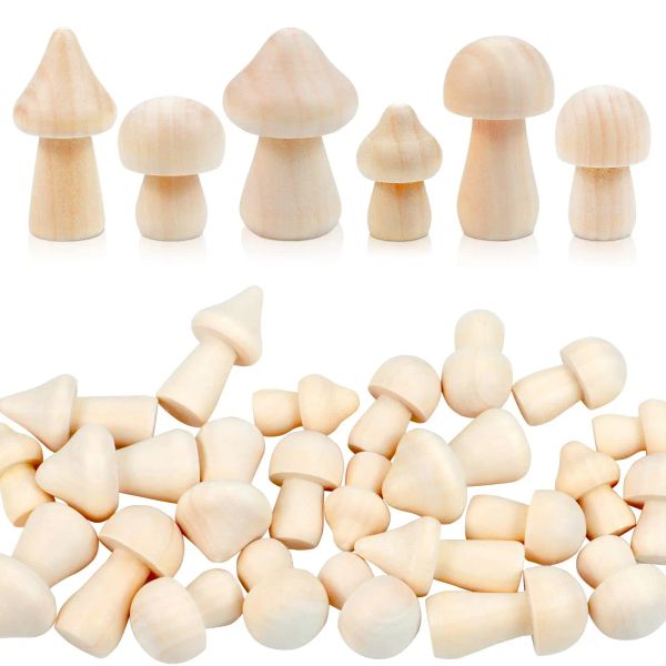 Artesanato 36pcs inacabados cogumelos de madeira fofos 6 tamanho natural liso sem pintura a mini cogumelos figuras para projetos de artesanato de arte diy