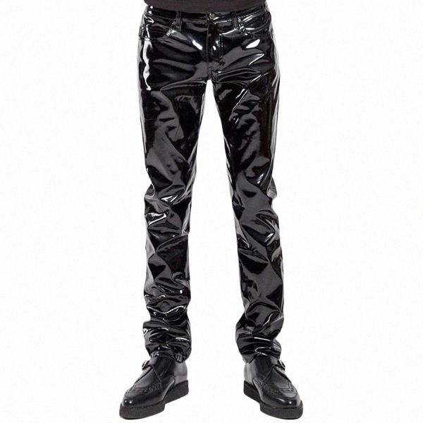 Vendas quentes Moto Homens Sexy Preto Olhar Molhado PVC Stage Wear Calças Lápis de Couro Falso Skinny Látex Leggings Pole Dance Clubwear Z8AT #