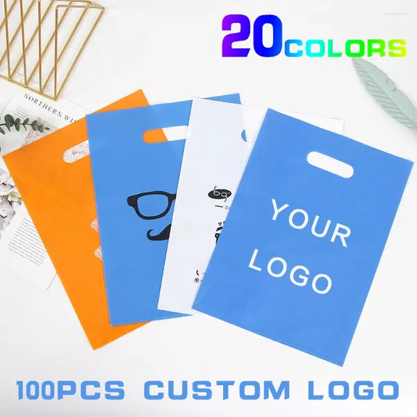 Envoltório de presente 100 pcs logotipo personalizado festival festa saco portátil plástico compras impressão uma cor em dupla face livre design