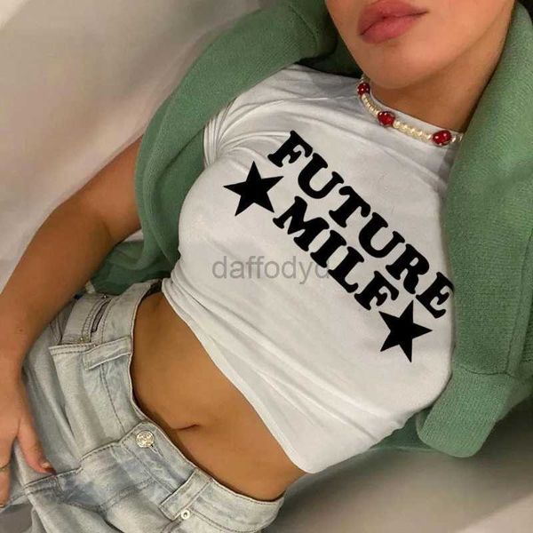 Kadın Tankları Camis Yeni Yaz Kadınları Üstü Gelecek Milf Yıldız Mektup Grafik Y2K Üst Seksi Sevimli Bebek T-Shirt 2000S Sokak Giyim Göbek Partisi 24326
