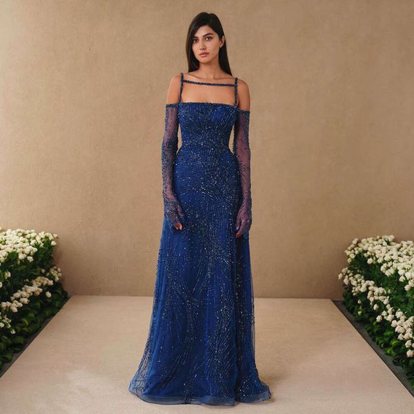 Вечернее темно-синее арабское платье Шарон Саид с длинными рукавами 2024, расшитое бисером Дубайское женское свадебное платье для гостей, Ss396