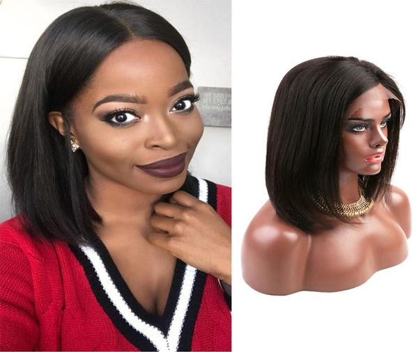 Perucas dianteiras completas do laço para mulheres negras 180 densidade brasileira virgem cabelo humano tece em linha reta bob médio boné curto comprimento mid2722885