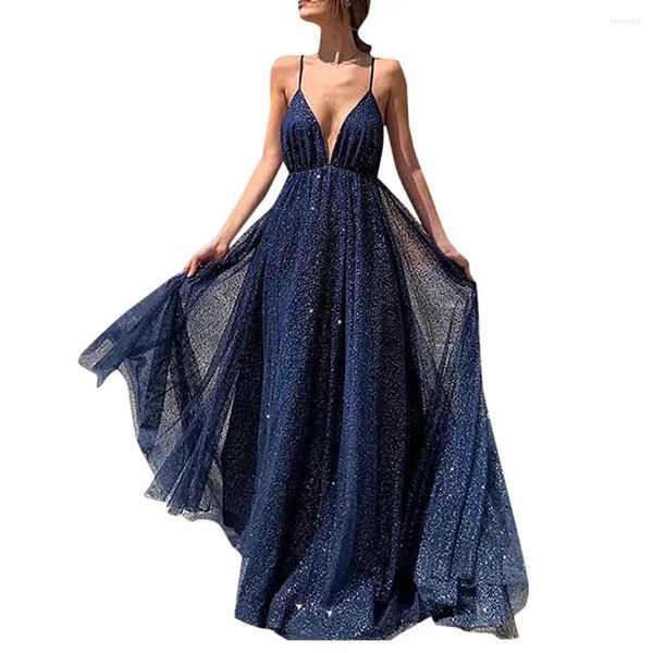 Sıradan Elbiseler Amanda Glitter Koyu Mavi Prom Elbise Zarif V Yez Parti Seksi Yan Bölünmüş Akşam Parlak Balo Elbise