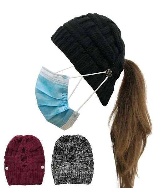 Stricken Sie häkeln Beanie Hut mit Gesichtsmaske Knopf Mädchen Frauen Männer Winter warme Mode Pferdeschwanz Gitter CrissCross Hollow Out Helm Sport5473567