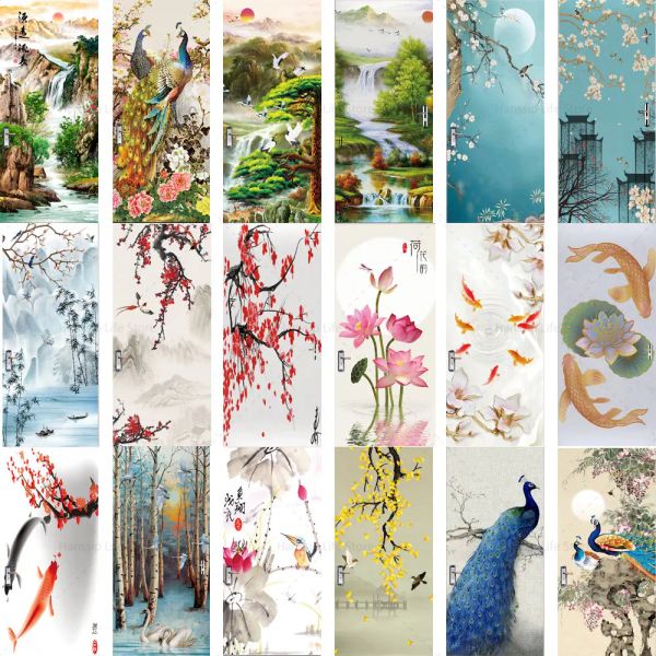 Adesivos oriental porta adesivos conjunto pvc à prova dwaterproof água cartaz peônia pintura aquarela papel de parede decoração para casa porta adesivo