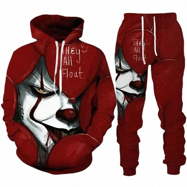 2023 outono inverno masculino hoodies conjunto de treino filme de terror palhaço 3d impressão fi hoodie calças terno engraçado unisex pulôver conjuntos j5gj #