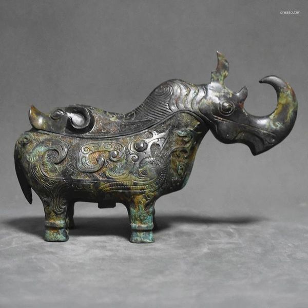 Декоративные статуэтки Бронзовая статуя носорога Красное пятно Зеленая вышитая патина Чистая медь Ремесленные украшения Изысканная коллекция