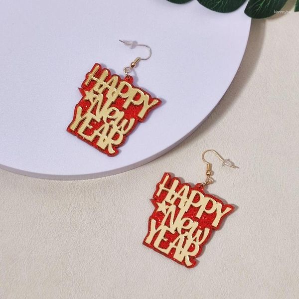 Baumelnde Ohrringe KUGUYS Happy Year für Damen, glitzernde Acryl-Spiegelbuchstaben, klassische Party-Schmuck-Accessoires