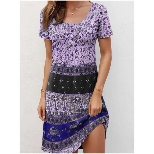 Grundlegende Freizeitkleider Damen Vintage Kleid Tribal Print O-Ausschnitt Minikleid Sommer Kurzärmeliges Damenbekleidung Vintage Ethnische FeiertagskleiderC24315