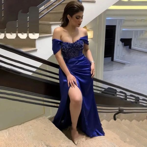 Sexy Abendkleider im Meerjungfrau-Stil mit seitlichem Schlitz, schulterfrei, mit Perlen und Spitzenapplikationen, lange formelle Partykleider, marineblaues, elegantes Abendkleid für Frauen