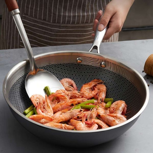 1 pc, wok in acciaio inossidabile antiaderente con coperchio ideale per cottura a gocce a gocce a gas durevole e facile da pulire - pentole da cucina essenziali