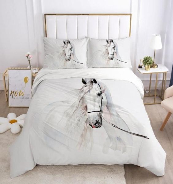 Conjuntos de cama 3D Conjunto de capa de edredom e edredom fronha roupa de cama king queen tamanho único branco animal cavalo casa texitle 28219181