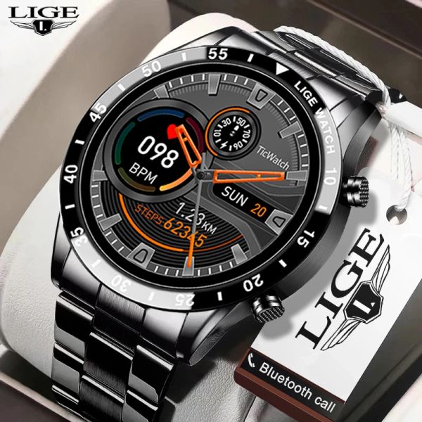 Câmeras Lige 2023 Full Circle Touch Screen Banda de Aço Bluetooth Chamada Homens Relógio Inteligente À Prova D 'Água Esporte Atividade Fiess Watch + Box