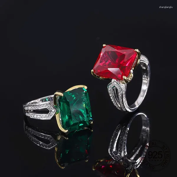 Anelli a grappolo in argento sterling 925 per banchetti di nozze gioielli 12x14mm anello da dito verde rosso rubino zircone cubico per le donne