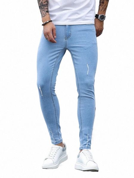 2023 novos homens estiramento jeans magros designer elástico risco denim lápis calças jeans streetwear céu azul fi jeans 11kH #