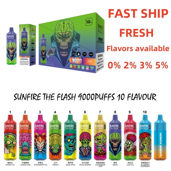 Marrocos Vapes descartáveis Vapes Sunfire 9000 Pufos Pofos de vape descartável 18 ml Cigarro elétrico pré -cheio 10 sabores Max Vapor 0% 2% 3% 5% OEM Factory atacado direto na França