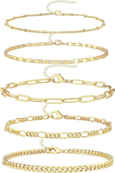Reoxvo Dainty Gold Zincir Bileklikler Kadınlar İçin Set 14K Gerçek Altın Kaplama Bağlantı Zinciri Bileklikler Kadınlar İçin Modaya Düzenli Altın İstiflenebilir Bilezikler Mücevher Hediyeleri Kadınlar Ayarlama