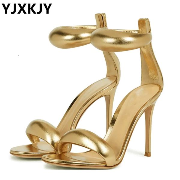 Yjxkjy ince yüksek topuklu basit kadınlar altın yaz rhinestone sandalet özlü tek kayış seksi balo parti ayakkabıları 240312
