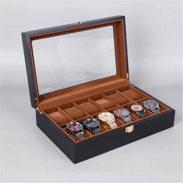 Caixa de relógio 6 10 12 grades, caixa de vidro de madeira, organizador de armazenamento, exibição de joias de luxo, caixa multifuncional de relógio preto cx2008179m
