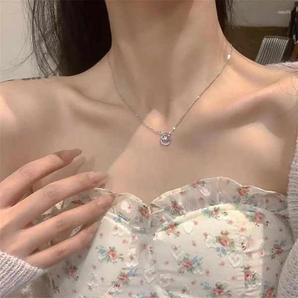 Anhänger Halsketten Koreanische Mode Vintage Kristall Runde Silber Farbe Kette Hals Halskette Für Frauen Hochzeit Ästhetischen Schmuck