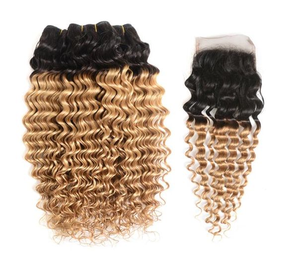 Tiefe lockige brasilianische Haarwebart mit Verschluss 44 Teil Blonde Ombre 1B 27 Deep Wave Haarbündel mit Spitzenverschluss8312533