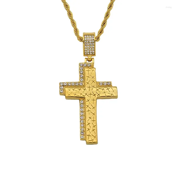 Anhänger Halsketten Hip Hop Bling Iced Out Gold Farbe Edelstahl Doppel Schichten Kreuz Anhänger Halskette Für Männer Rapper Schmuck geschenk