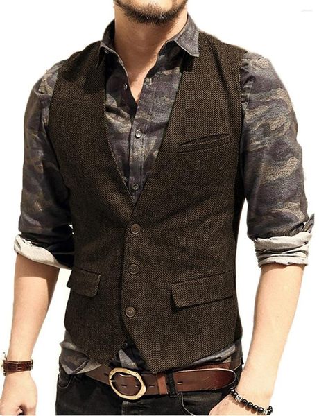 Ternos masculinos formais de negócios, lã espinha de peixe, tweed, casual, colete, feito sob encomenda, moda com decote em v, roupas de casamento do noivo, 1 peça