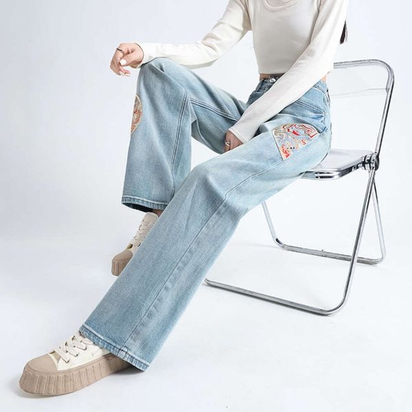 Nuovi jeans ricamati in stile cinese per abbigliamento da primavera femminile nel 2024, Nuova versione stretta Stretta Stretta Stretta Pantaloni a gamba a gamba larga