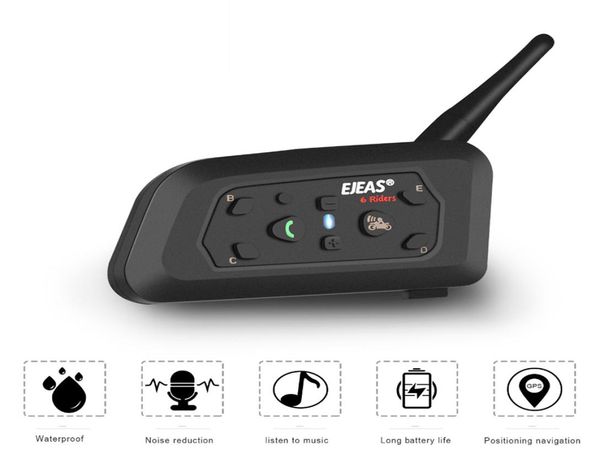 Ejeas V6 Pro Motorcycle Intercom Kask Kablosuz Bluetooth Kulaklık Mikrofon Kiti 6 Riders 1200m Müzik 850mAh Su Geçirmez1450074