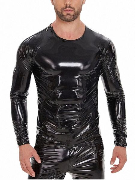 S-7XL Shiny Faux PU-Leder LG-Hülsen-T-Shirt Männer Wet Look PVC Hot Shapers Strumpfhosen Shapewear T-Shirt Sexy T-Shirts Tops Körper H0Kp #