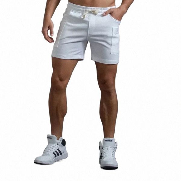 Branco Track Shorts Men Training Elastic Cintura Na Altura Do Joelho Suor Shorts Corredores Homens Verão Workout Fitn Gym Shorts Com Bolso a0QB #