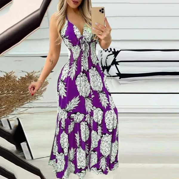 Casual Kleider 2024 Sommer Frauen Hängenden Halsband Hohe Taille Gedruckt Lange Kleid Mode Sexy Weibliche Vestidos