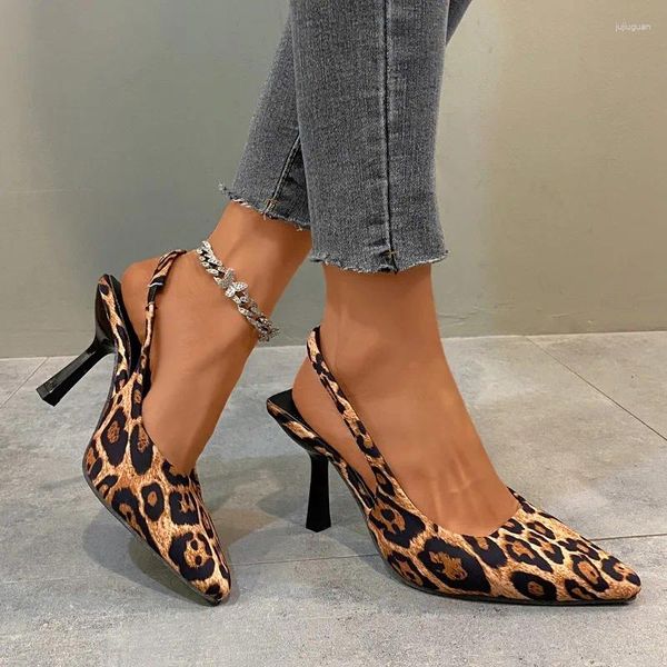 Sapatos de vestido 2024 primavera marca mulher estilingue moda leopardo impressão senhoras salto alto elegante apontou toe deslizamento em sandália mules